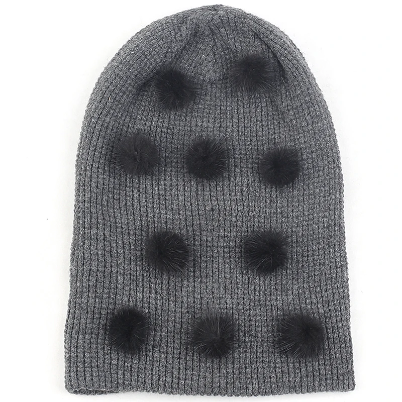 black dark gray Charm wood, кашемировая шапочка для взрослых, Осень-зима, теплая шапка с черепом, шапка бини, пуловер, манжета, шапка с маленьким помпоном, аксессуары в горошек - Цвет: black dark gray
