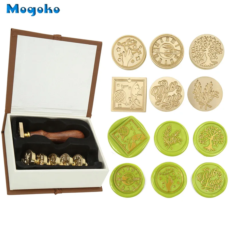 

Mogoko Wax Seal Stamp Set Botanical and Moon Series Sealing Stamp 6x Vintage Brass Stamp Heads+1x Wooden Handle For Wedding Gift