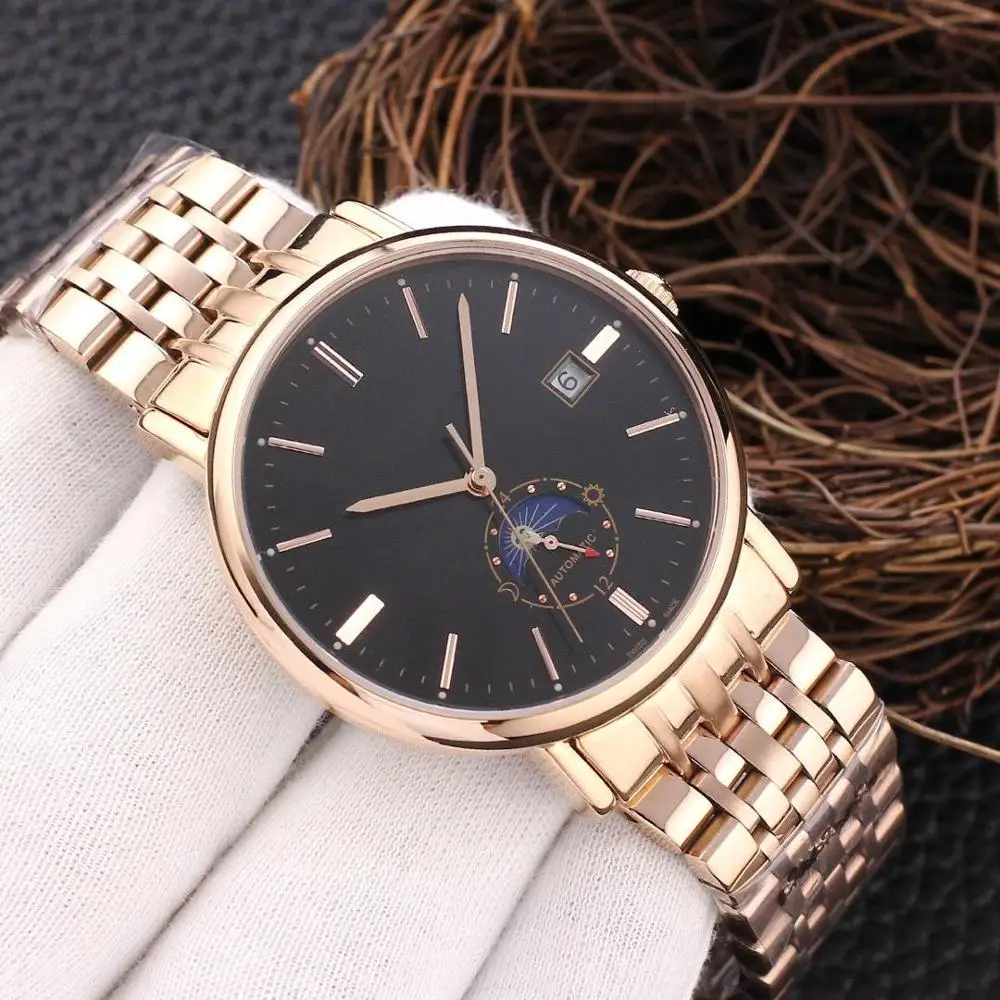 

Mechanical Men Watches Stainless Steel Male Clock Rose Red Men's Watches Golden Automatic Self-wind Watches Wrist Watch
