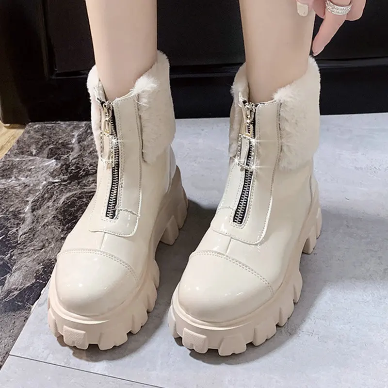 

Nice New Women Ankle Rain Boots Winter Autumn Zipper Front Shoes Woman Mature Female Bright Leather Crystal Zipper Casual Boot