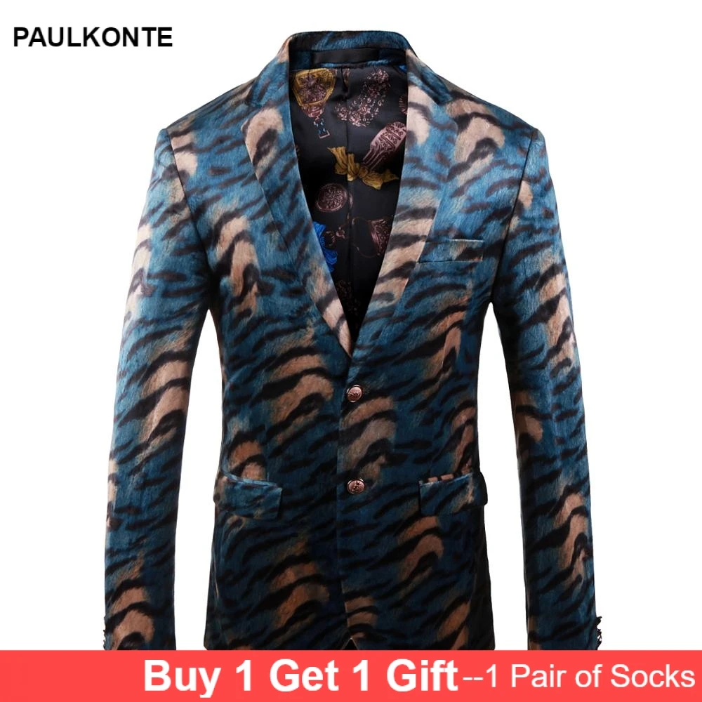 2019 Men'S High Quality Blazer Blue Print Party Wedding Festival Fashion Jacket Stage Costume Singer Slim Suit Blazer