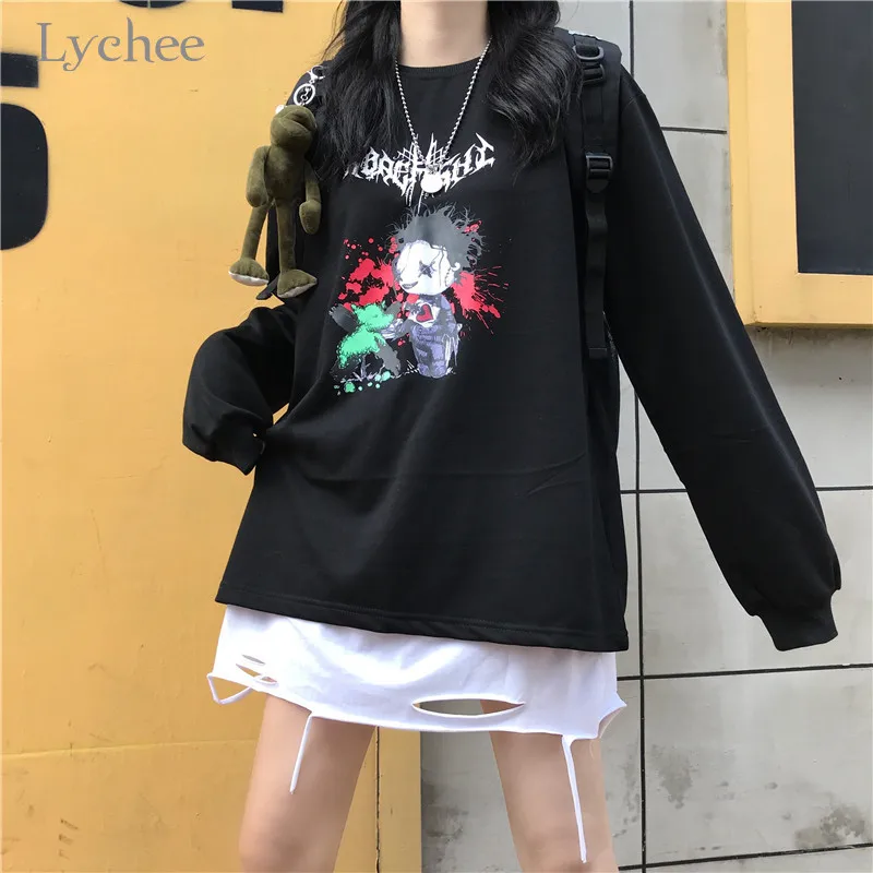 Lychee Harajuku, свободные женские флисовые пуловеры с круглым вырезом, Женские флисовые толстовки с темным рисунком зомби, повседневные осенние женские флисовые Топы