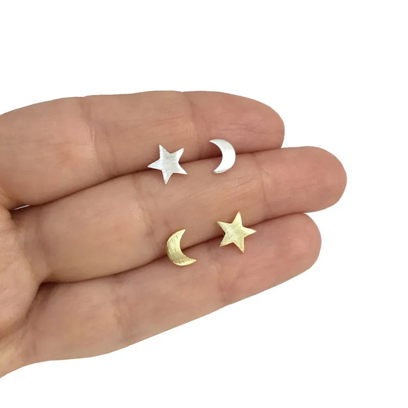 Dainty Asymmetrical Crescent Moon And Star Stud Earrings Women Celestial Mismatched Mini Studs Boho Minimalist Mothers Day Gift | Украшения