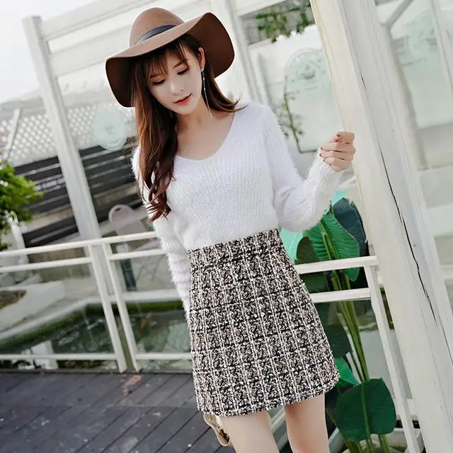 

Plaid Women Spring and Autumn A- line Skirt Sequined Woolen Skirt High Waist Woman Skirts Faldas Jupe