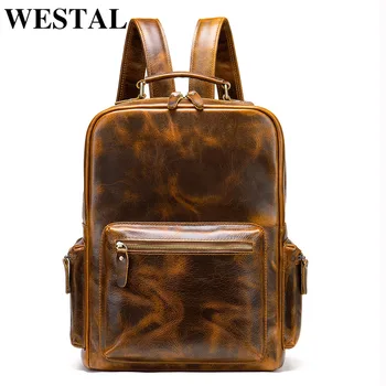 

WESTAL crazy horse leather backpack for men large 15 laptop backpack mochila travel men's backpacks multiufuction daypack 8873