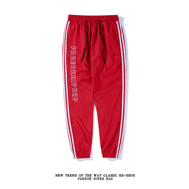 Базовые модели, дикие боковые полосы, три полоски, луч ноги, мужские и женские пары, для бега, спортивные Свободные повседневные штаны, девять штанов - Цвет: Красный