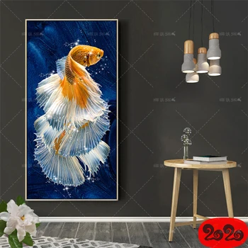 

Hot New Poster Prints Wall Art Canvas 1 Piece White Gold Fish Abstract Nordic Canvas Painting Home Minimalism Bedroom Decoration