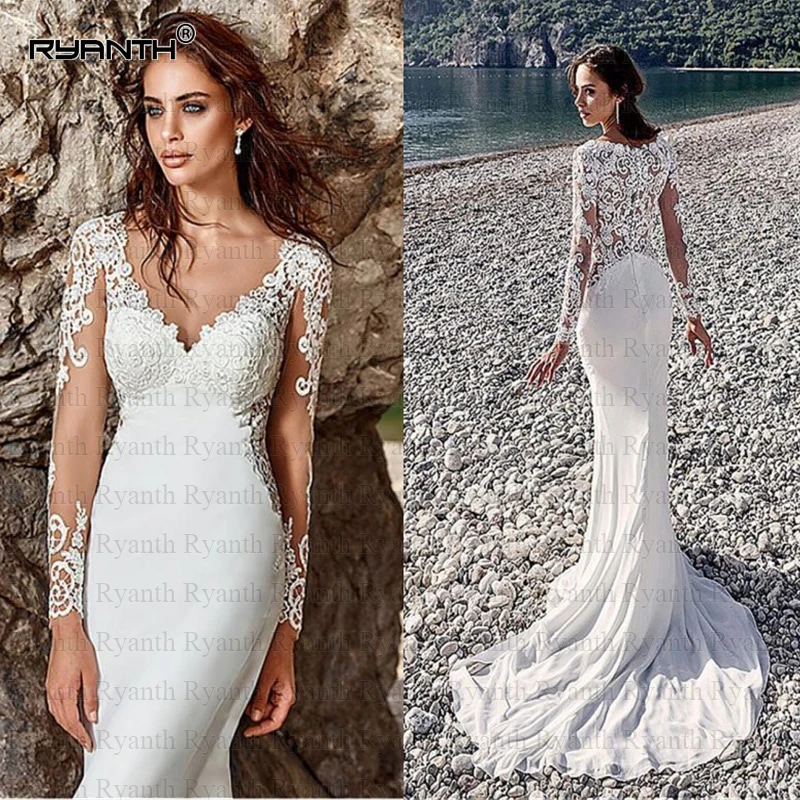 Vestido de noiva Сексуальные Длинные рукава Кружева Русалка свадебное платье в стиле бохо Новое поступление шифоновые пляжные свадебные платья Robe de mariee