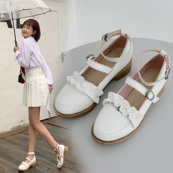 

Mary Jane Shoes for Women Low Heels Pumps Lolita Kawaii Womens Shoes Block Heel Japanese Girls Cosplay Shoes Woman White Pink