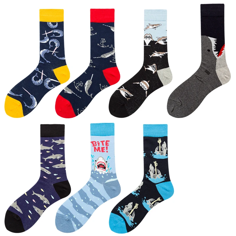 Мужские хлопковые счастливые носки с рыбками, акулами, Dophin, синие, черные, мягкие, цветные, модные, забавные носки, для взрослых, повседневные, носки-лодочки, Осень-зима