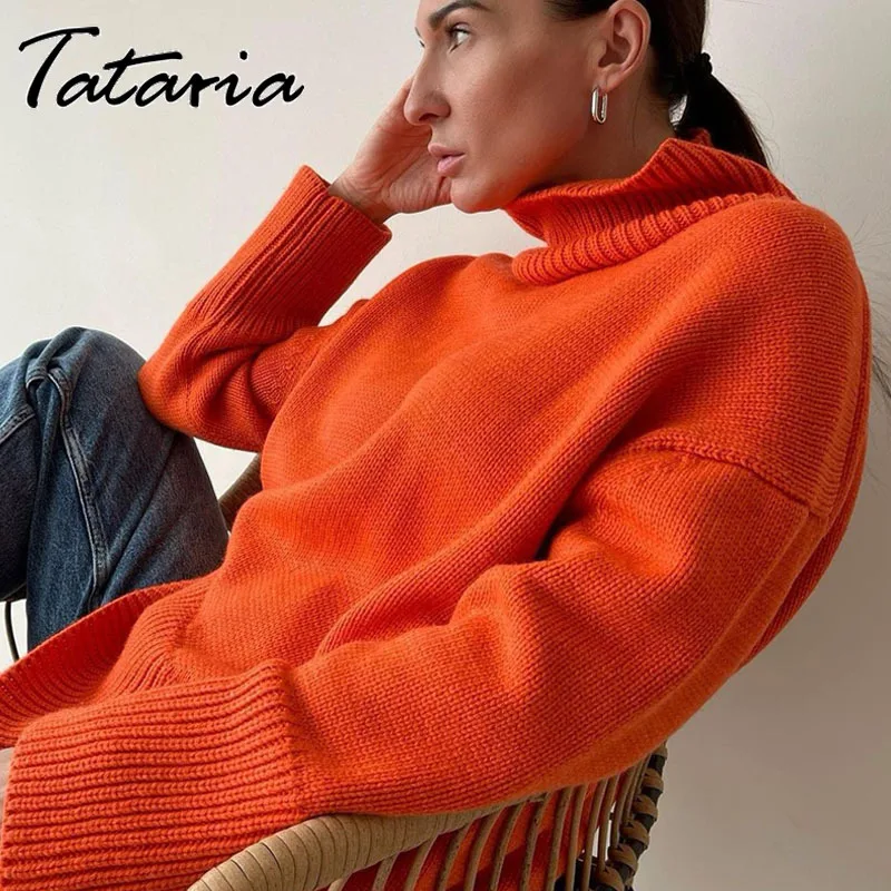 Tataria Yellow Turtleneck Sweater Women Oversized Knitted Pullovers Autumn Winter Candy Color Casual Loose