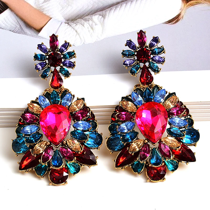 

High-grade Colorful Rhinestone Earrings Statement Big Crystals Long Drop Earrings New Fashion Jewelry Accessories For Women