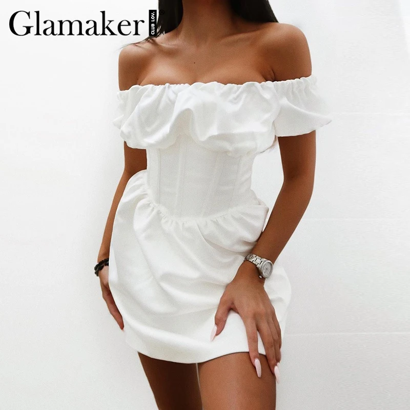 Женское короткое платье с открытыми плечами Glamaker Белое Облегающее