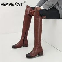 REAVE CAT/ г. Женские Сапоги выше колена тонкие высокие сапоги на низком квадратном каблуке женская зимняя обувь черного и коричневого цвета Большие размеры 44, 45, 46, botine