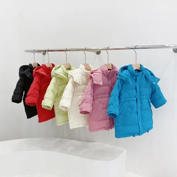 

2020 New Winter Children's Down Jacket Boys And Grils Mid-Length Thicken Hooded Coats Plain Color Casual Outerwear For Kids