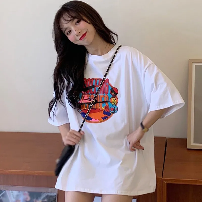 Harajuku Long T-Shirt Loose Letter Printed Women Tshirt Loose Female Tee Tops Large Size Summer T-Shirts