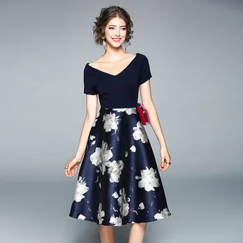 

Office Lady Formal Dresses Summer New V Neck Floral Botany Printing Dress Woman