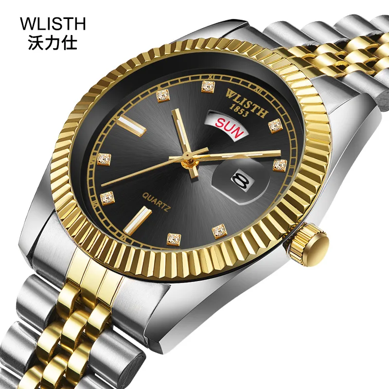 Wlisth лучший бренд роскошные золотые часы женские Для мужчин Lover полный Нержавеющая сталь кварцевые Водонепроницаемый Мужской Для мужчин