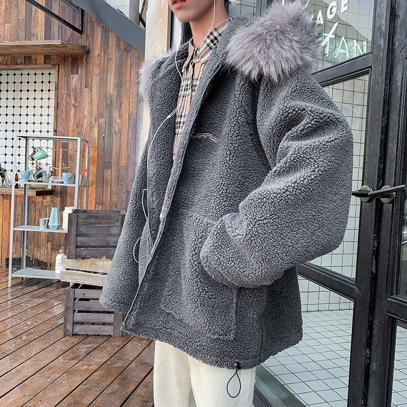 Winter Lamb Hair Jacket Men Warm Thick Parka Men Fashion Solid Color Fur Collar Hooded Coat Man Streetwear Loose Cotton Clothes - Цвет: Dark grey