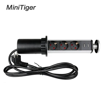 

Minitiger 16A PULL POP UP 3 Power Socket 2 USB Charging Port Kitchen Table Desktop Sockets Retractable Countertops EU Plug