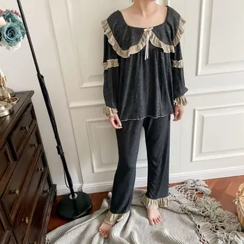

Pure Cotton Knitted Loose Stretch Girl Pajamas Set 2020 New Autumn and Winter French Palace Home Service Pijama Mujer Fashion