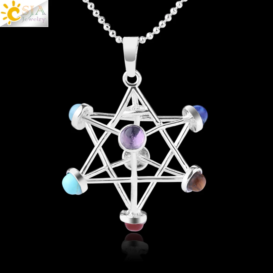 Csja Merkaba Chakra Hangers Natuursteen Reiki 7 Chakra Kettingen Healing Hollow Star Punt Vrouwen Mannen Ketting Pendulo F766