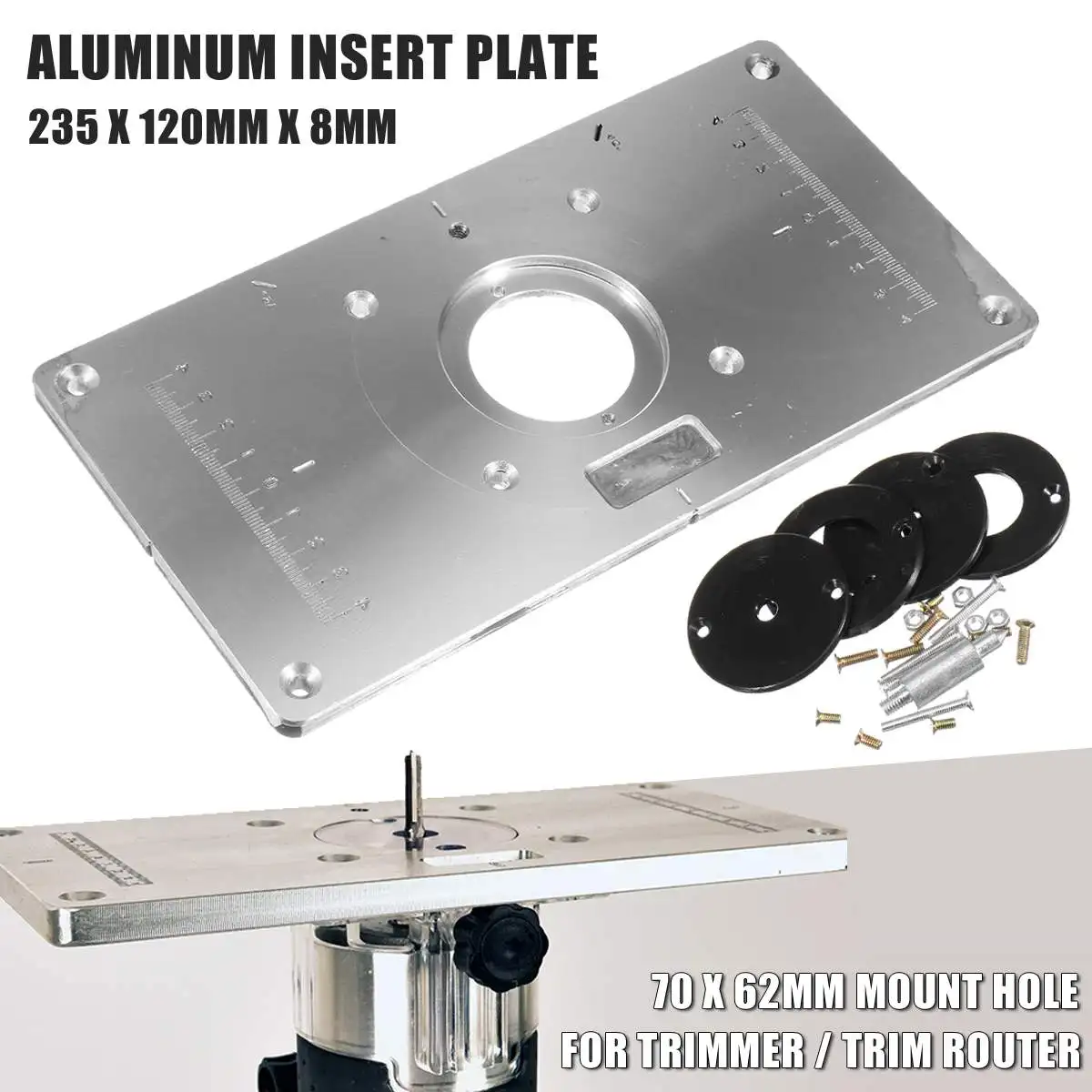 Пластина для стола маршрутизатора 700C алюминиевая пластина для стола маршрутизатора+ 4 кольца винта для деревообработки скамейки, 235 мм x 120 мм x 8 мм
