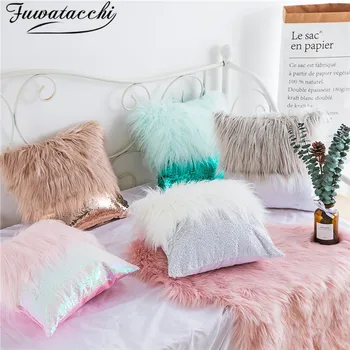 

Fuwatacchi Sequined Bow Cushion Cover Plush Furry Velvet Throw Pillowcases Home Decor Pillow Covers Solid Nordic Housse Coussin