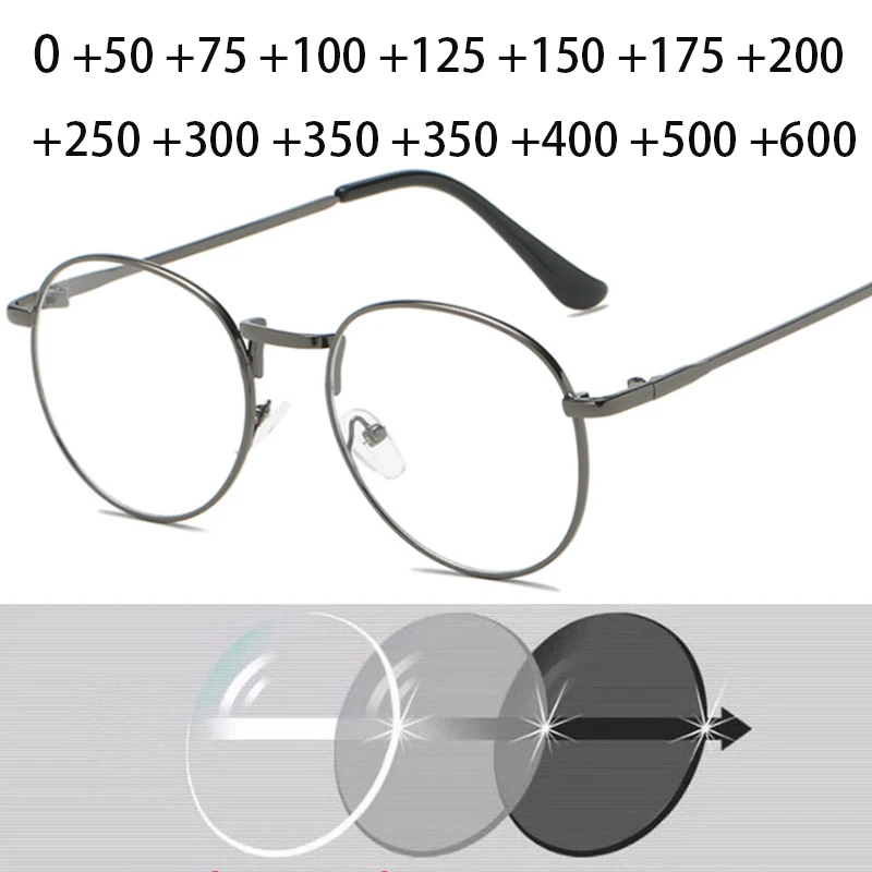 Retro owalne okulary do czytania z opcją szkieł fotochromowych 3 Retro okulary do czytania dla mężczyzn i kobiet Marka Projektant Okrągłe okulary optyczne Trend Metalowe okulary +50 +75 +100 +150 +200 +300 do +600 1