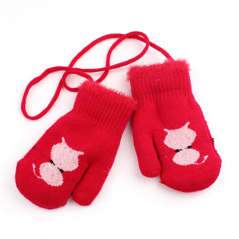 Зима, милые вязаные Утепленные перчатки, Висячие веревки, Мультяшные варежки для девочек и мальчиков, Студенческие теплые перчатки, Luvas De Inverno, унисекс - Цвет: Red