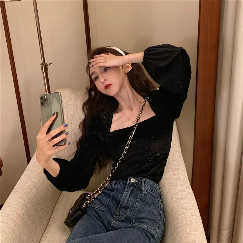 Звездное небо Bling Velours рубашка женская укороченный топ с квадратным вырезом и пышными рукавами Сексуальная футболка с принцессой Женская сорочка Camiseta Feminina