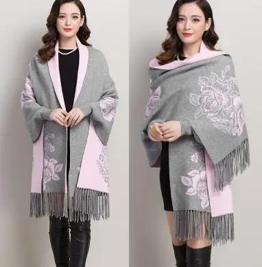 grey with pink Новинка осени, женский элегантный кашемировый кардиган с кисточками, свитер, рукав летучая мышь, шарф, накидка, верхняя одежда, хорошее качество - Цвет: grey with pink