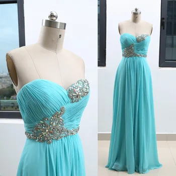 

MACloth Aqua A-Line Strapless Floor-Length Long Crystal Chiffon Prom Dresses Dress M 264173 Clearance