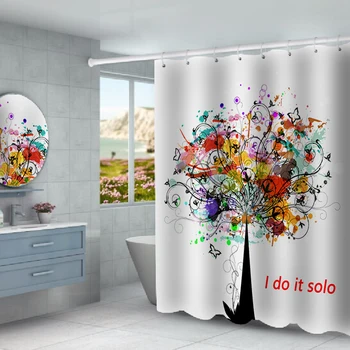 

Scandinavian style tree printed waterproof shower curtain partition curtain free punching factory direct sales