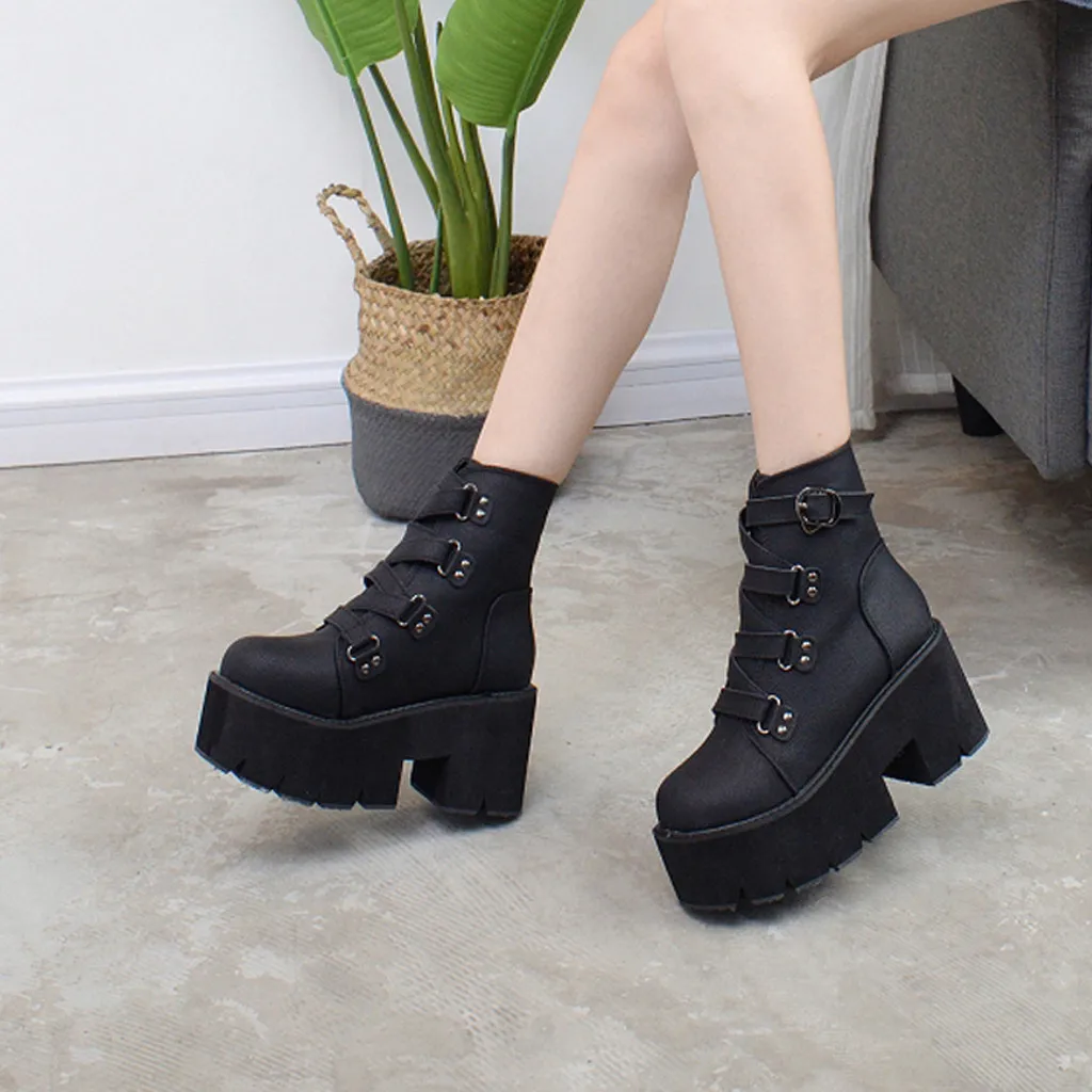 Ботинки женская обувь из натуральной искусственной кожи на высоком каблуке; сезон осень-зима короткие ботинки на толстой подошве женские ботинки с перекрестной пряжкой