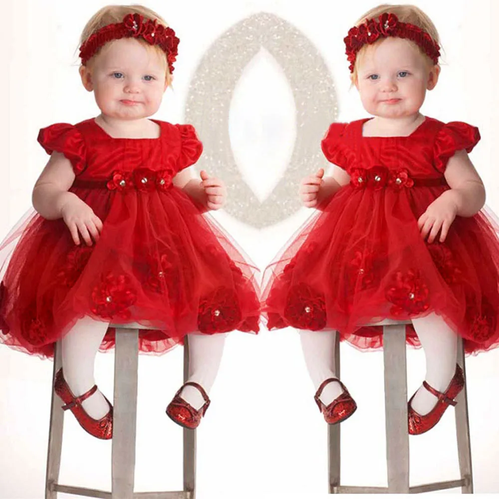 Платье для малышей; коллекция года; рождественское кружевное платье принцессы без рукавов с красным цветком для маленьких девочек; праздничное платье принцессы для малышей