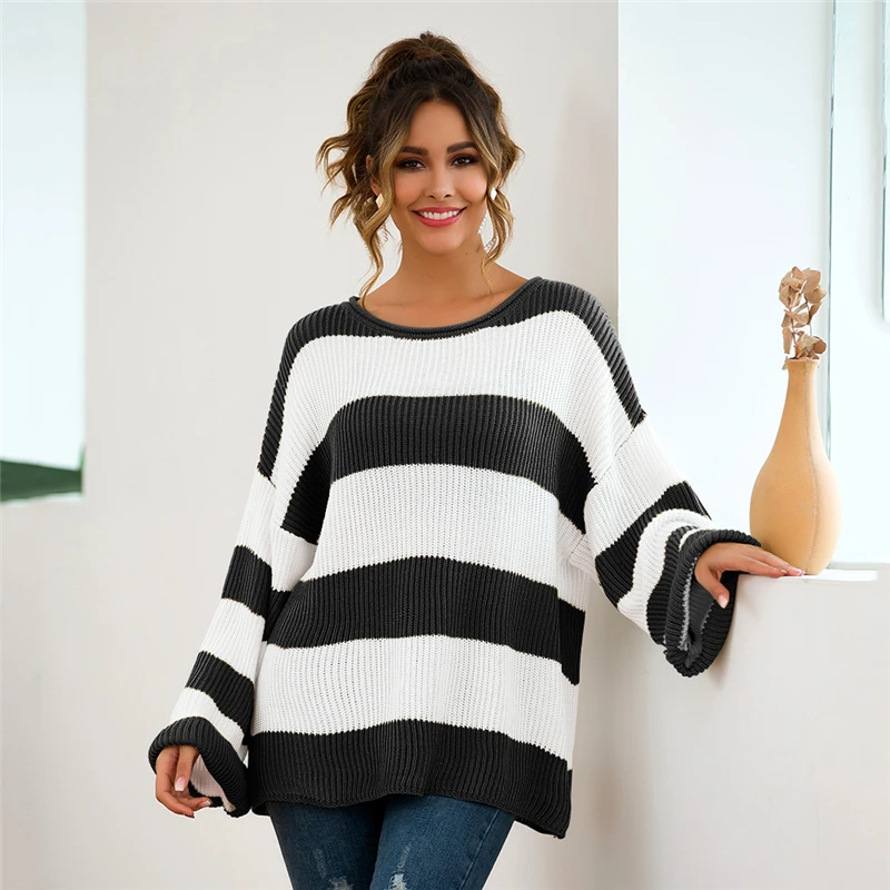 

Black White Strips Women's Sweater Autumn Winter Tops 2019 Streetwear Loose Female Pullover Sweaters Knitting Sueter Mujer