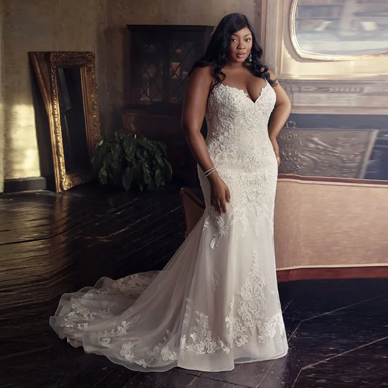 

Eightale Plus Size Wedding Dress 2019 Spaghetti Strap Appliques Lace Backless Mermaid Wedding Gowns Custom Made Bride Dress