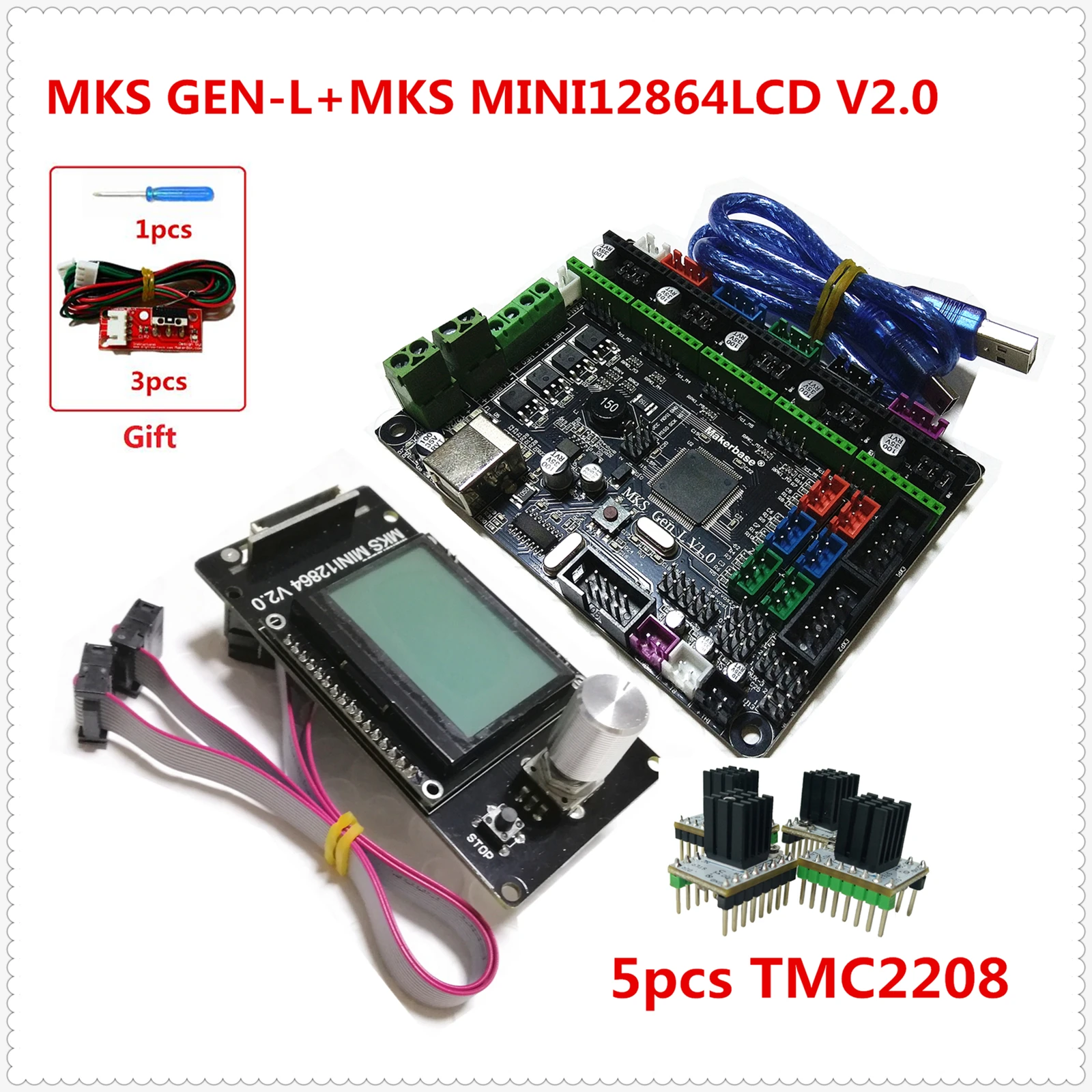 GenL-MINI12864-2208 MKS GEN-L V2.0 печатная плата+ MKS MINI12864LCD мини lcd12864 панель+ 5 шт. tmc2208 Драйвер шагового двигателя 3D сборка принтера - Цвет: GenL-MINI12864-2208
