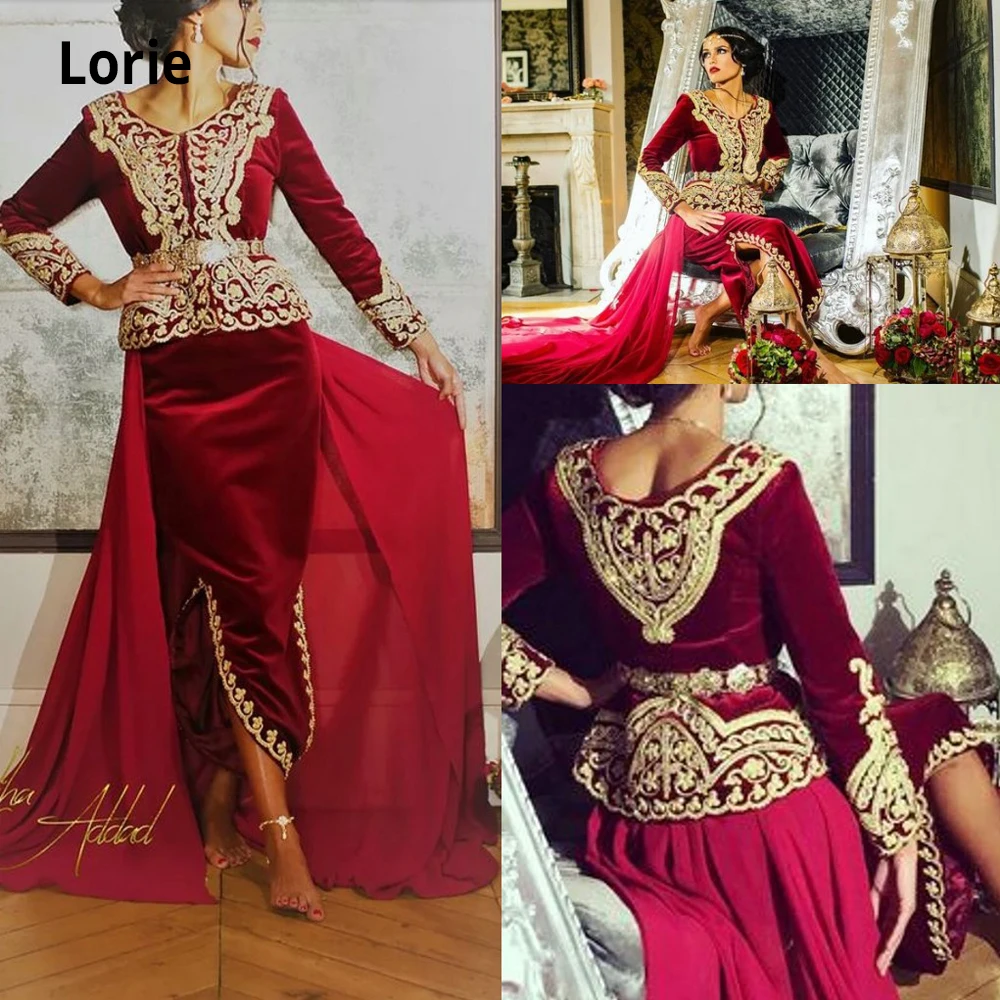 Лори кафтан karakou algerien Формальные Выпускные платья с длинным рукавом Бургундия бархат золото кружево баски случай вечерние платья - Цвет: Бургундия