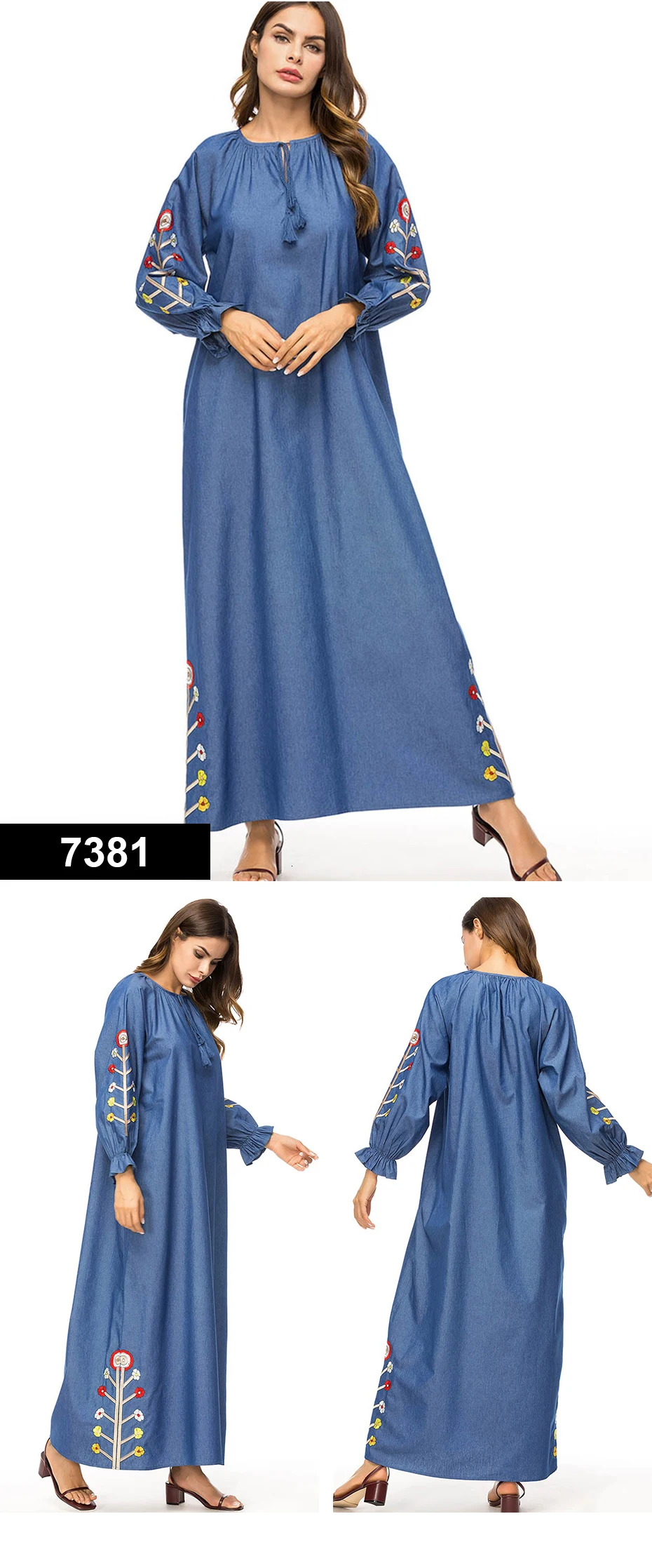 Прямая поставка, женское платье, платья макси, длинное, винтажное, Vestidos Verano Robe Femme, мусульманское, бохо, с вышивкой, свободное, с круглым вырезом, дешевая распродажа - Цвет: 7381