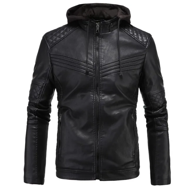Мужская мотоциклетная куртка из натуральной кожи со съемным капюшоном, зимнее пальто, мужские теплые куртки и пальто из натуральной кожи, мужская куртка Бомбер Байкерская верхняя одежда - Цвет: Черный