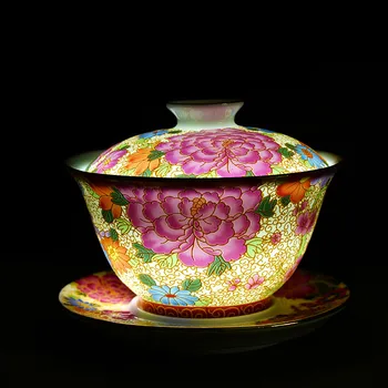 

Golden Phoenix Cover Bowl Tea Cup Enamel Large Ceramic Tea Bowl Filament Peacock Handmade Sancai Bowl Tea Set