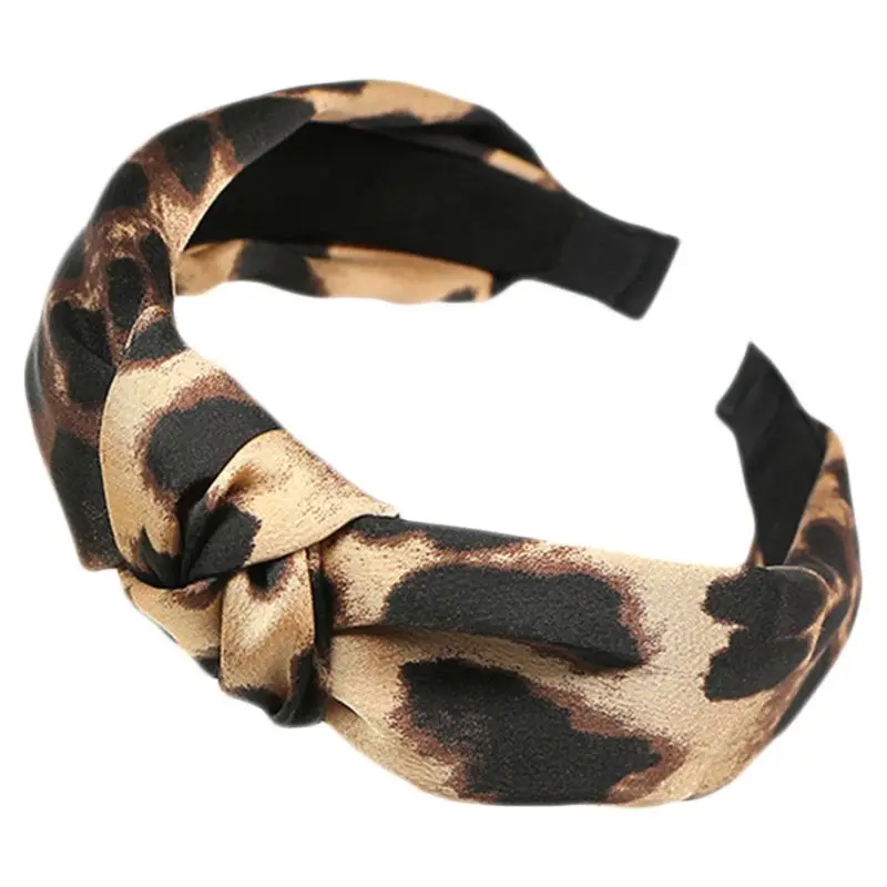 

Women Women Girls Boho Vintage Large Leopard Pattern Digital Printing Headband Tie Knotted Middle Wide Hair Hoop All-Match Retro