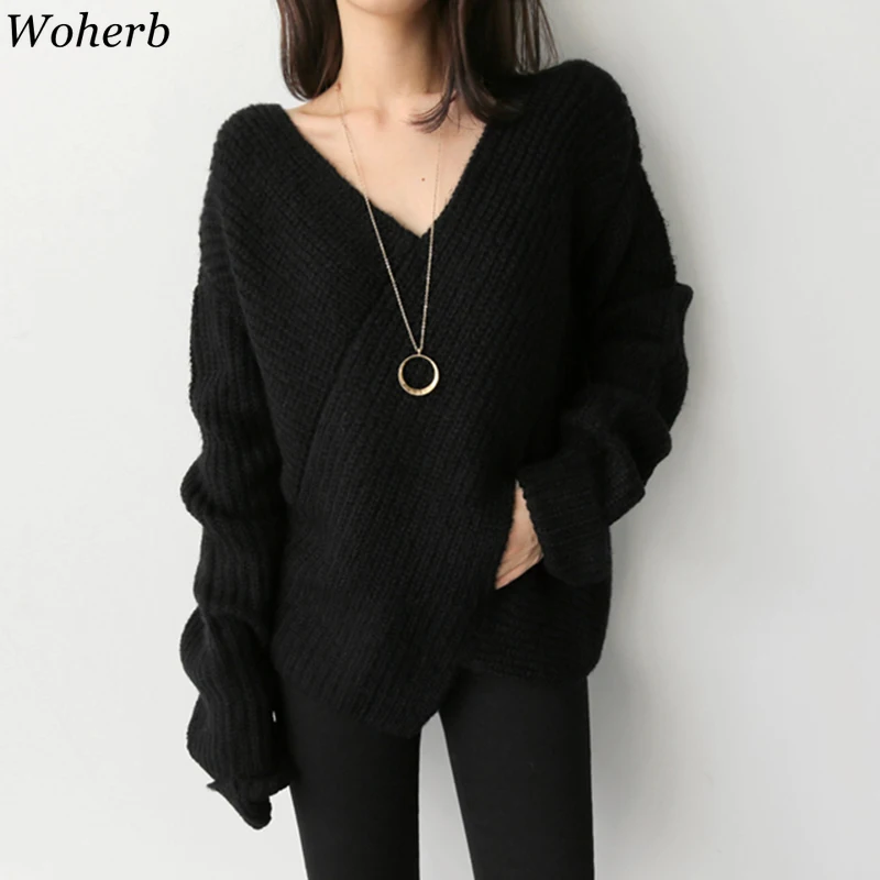 Woherb/женские свитера, новинка, Harajuku, винтажный вязаный пуловер, свитер, Осень-зима, одежда, джемпер с v-образным вырезом