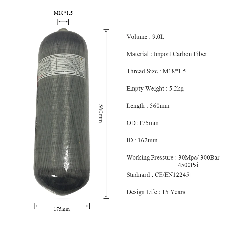 AC1090 Rifles Pcp Cylinder 9L 4500psi 300bar High Pressure Compressed Cylinder SCUBA Diving Tank For Gun Air Compressed Acecare