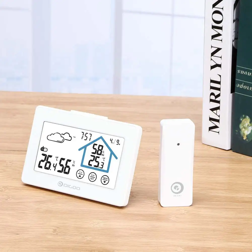 DIGOO DG-TH8380, метеостанция с сенсорным экраном, ежедневные часы, будильник, термометр, гигрометр, датчик температуры в помещении