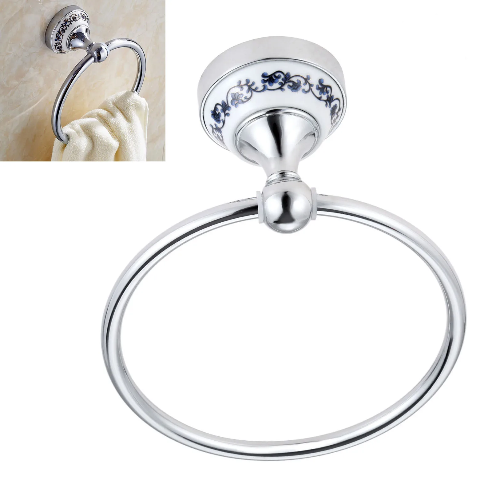 1set Silver Towel Ring Hook Holder Wall Mount Rack Blue&White Porcelain Ceramic Base Stainless Steel Old Chinese Decor 157mm