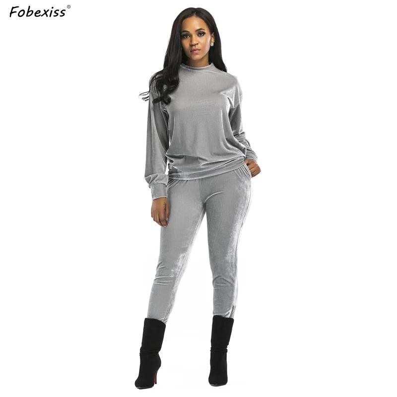 

Casual Grey Velvet Sweatsuit Female Long Sleeve Pullover Tops and High Waist Trousers Two Pieces Sets Tracksuit Outfits Women