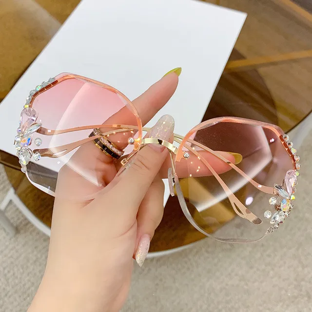 Fashion Anti-UV Diamond Sunglasses Women UV400 Rimless Vintage Sun Glasses Rhinestone Retro Sunglass Luxury Designer Oculos gradient pink